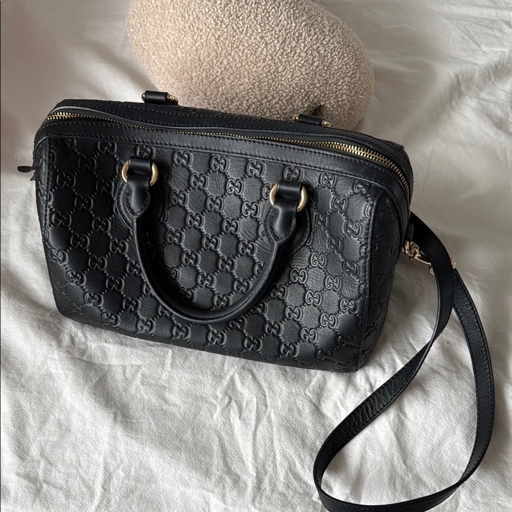 Gucci Black GG Embossed Leather Satchel